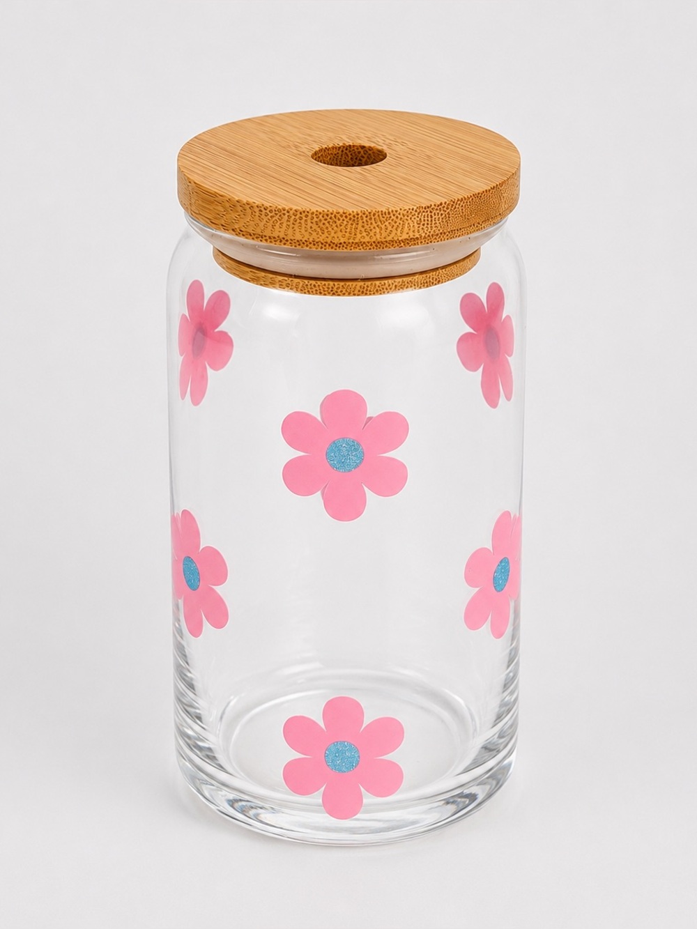 Pink Daisies 16oz Libby Can Glass Tumbler with Bamboo Lid